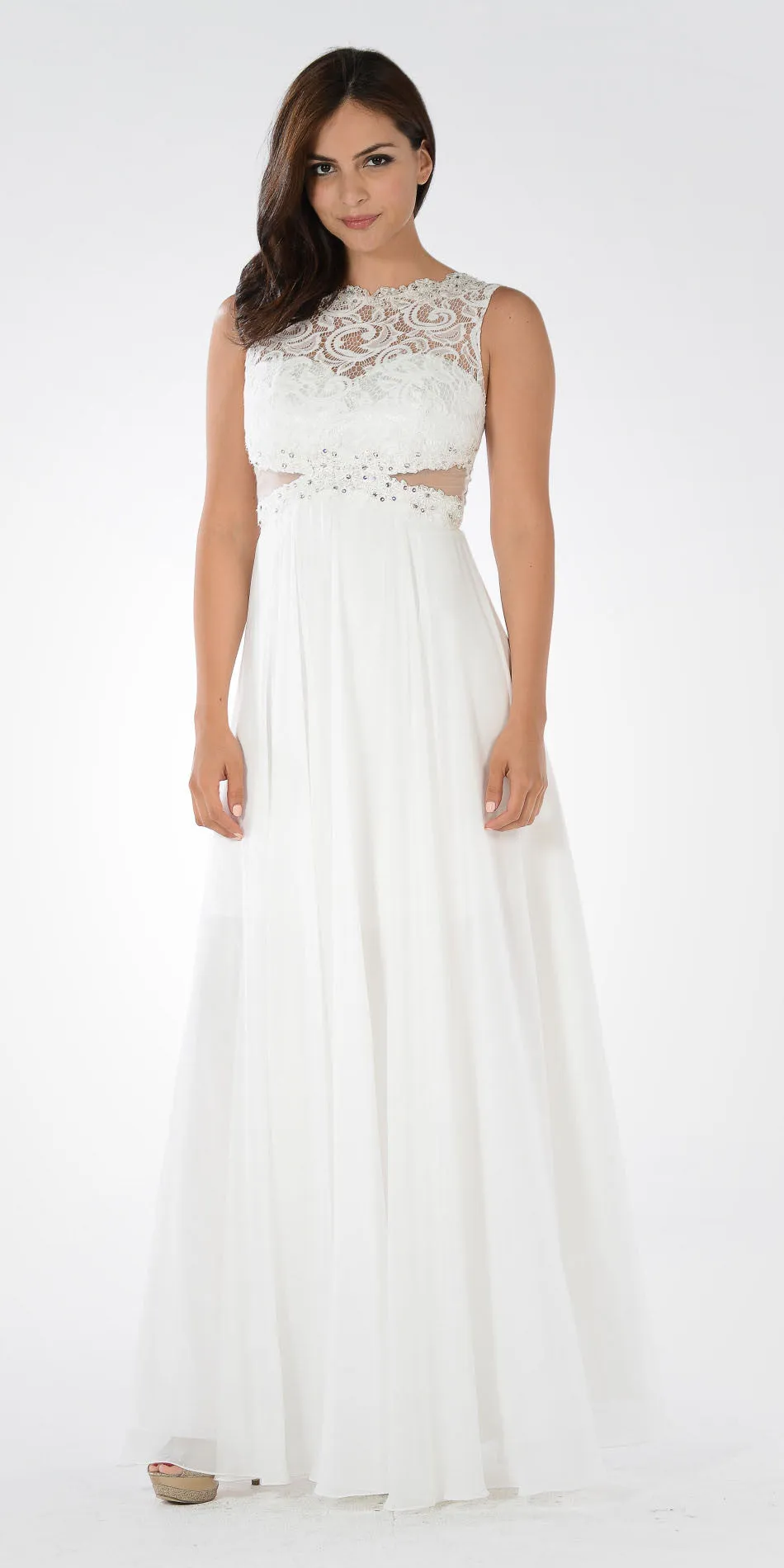 Poly USA 7868 Lace Bodice Sleeveless A-Line Dress Mesh Side Cut Outs