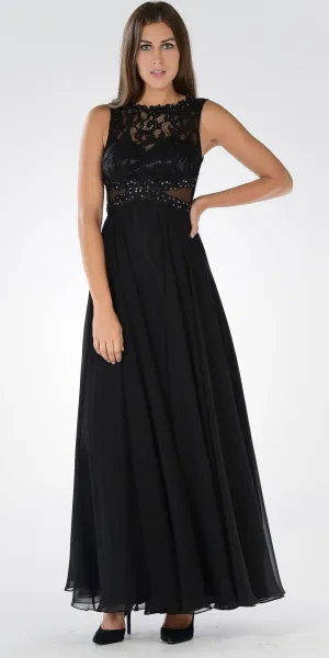 Poly USA 7868 Lace Bodice Sleeveless A-Line Dress Mesh Side Cut Outs