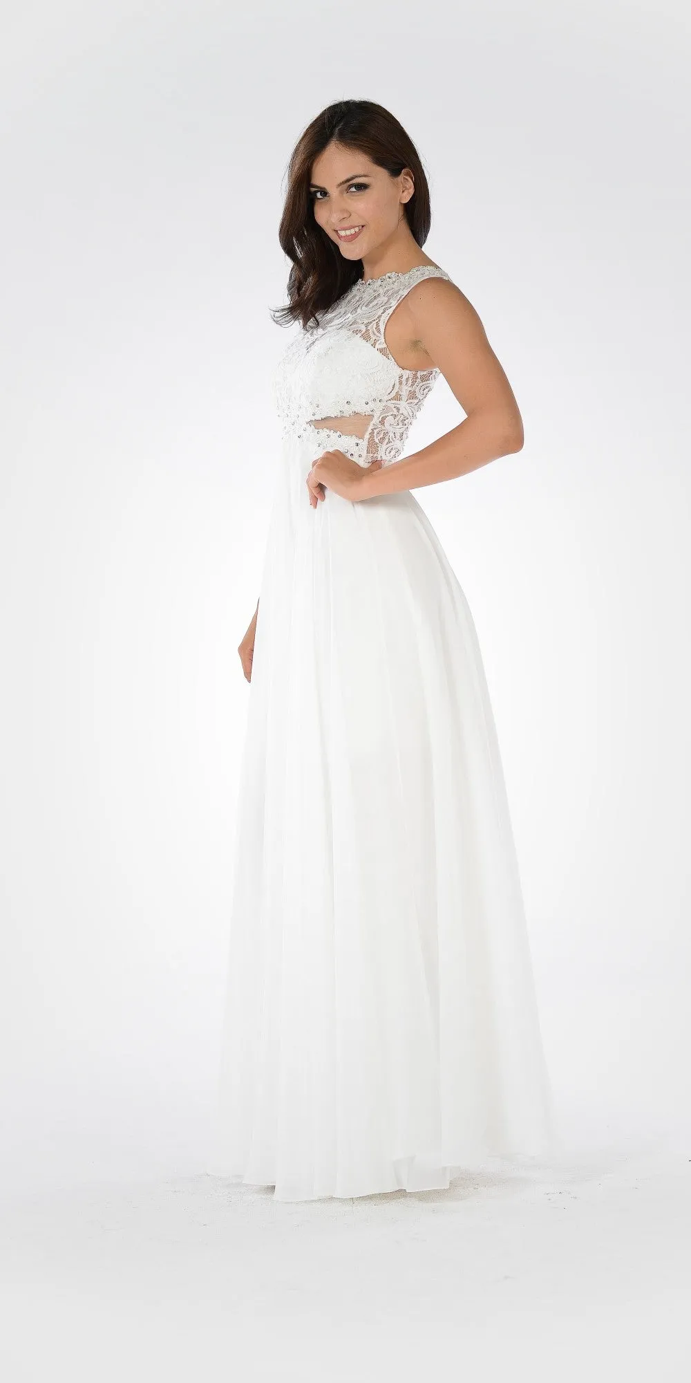 Poly USA 7868 Lace Bodice Sleeveless A-Line Dress Mesh Side Cut Outs