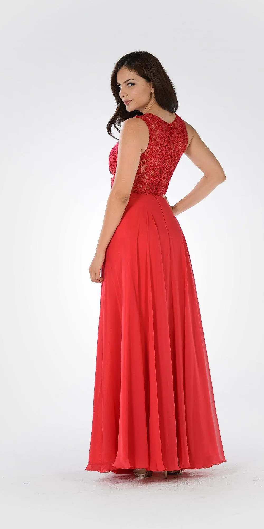 Poly USA 7868 Lace Bodice Sleeveless A-Line Dress Mesh Side Cut Outs
