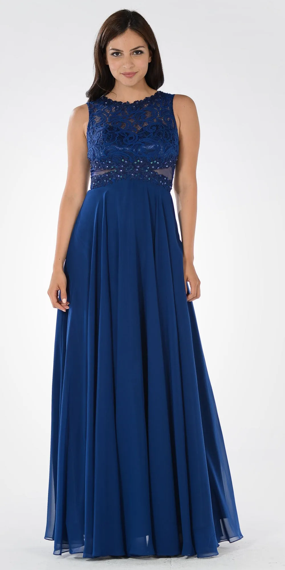 Poly USA 7868 Lace Bodice Sleeveless A-Line Dress Mesh Side Cut Outs