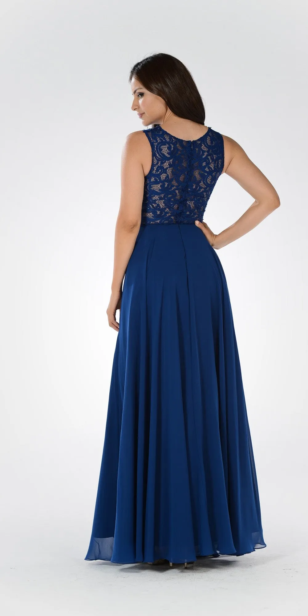 Poly USA 7868 Lace Bodice Sleeveless A-Line Dress Mesh Side Cut Outs
