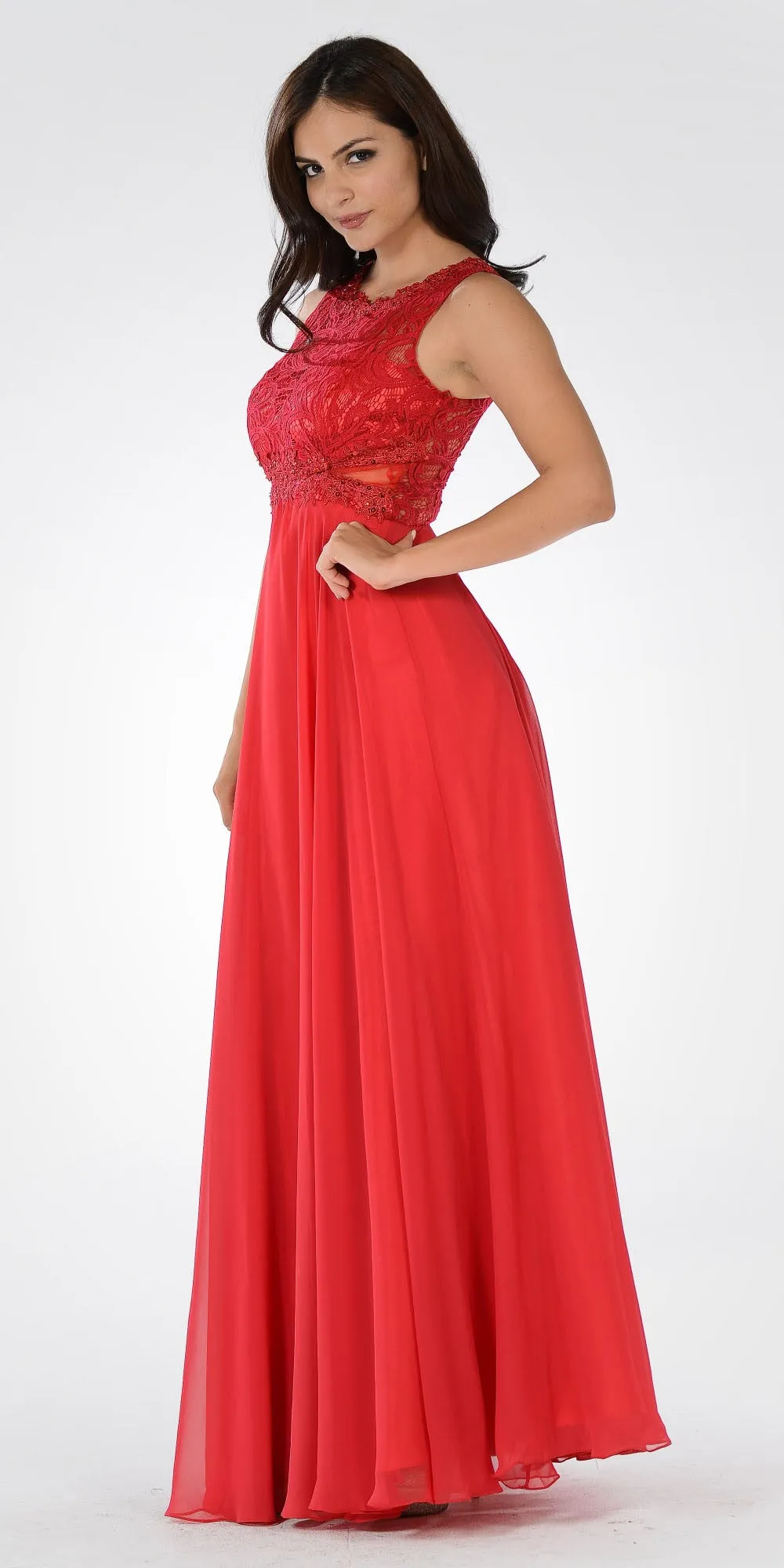 Poly USA 7868 Lace Bodice Sleeveless A-Line Dress Mesh Side Cut Outs
