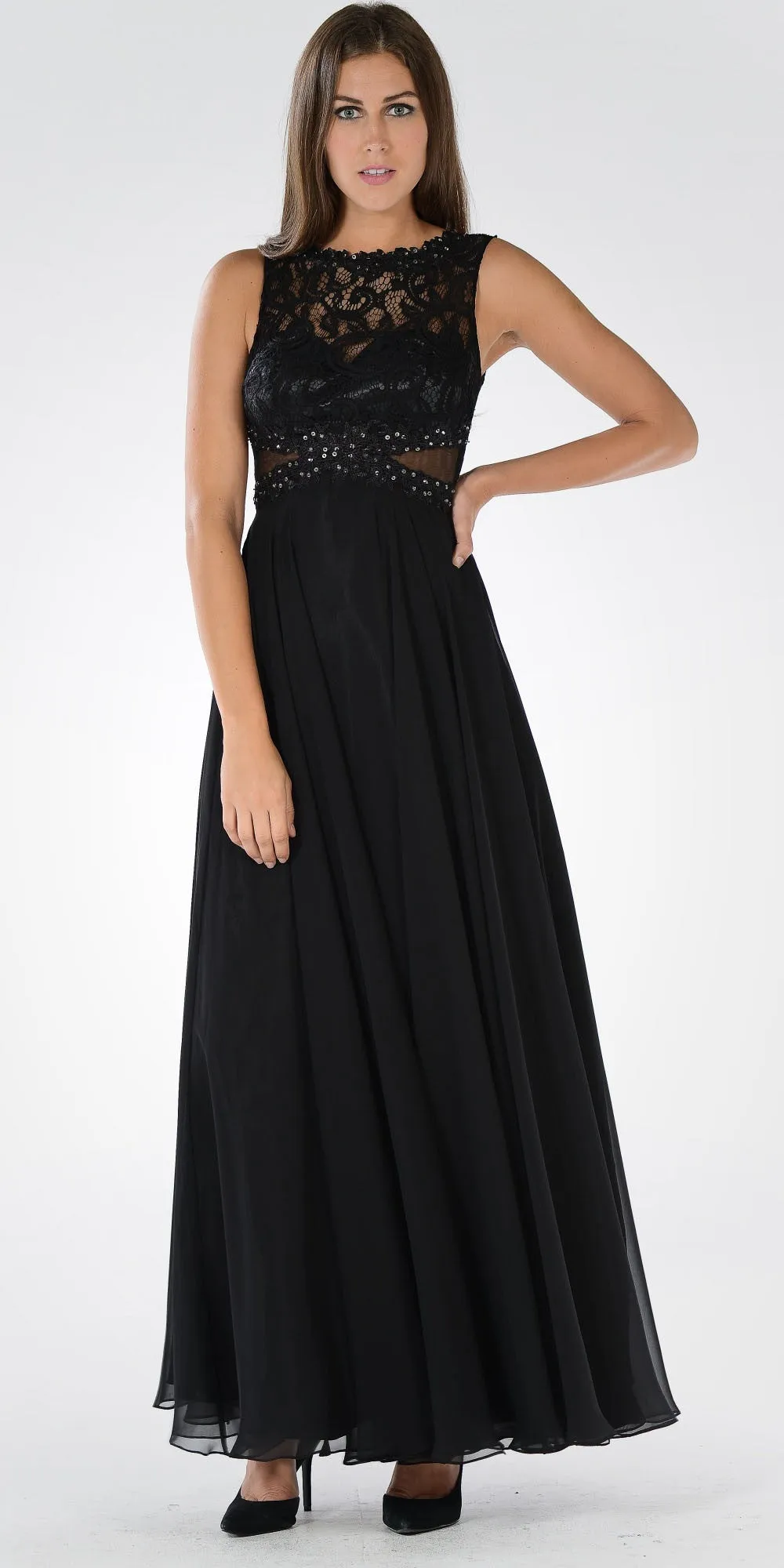 Poly USA 7868 Lace Bodice Sleeveless A-Line Dress Mesh Side Cut Outs