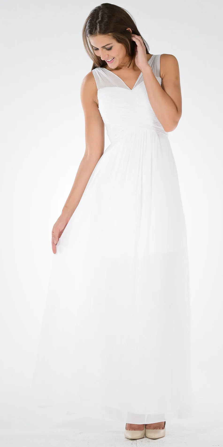 Poly USA 7878 V-Neck Ruched Bodice Empire Waist Chiffon Long Dress
