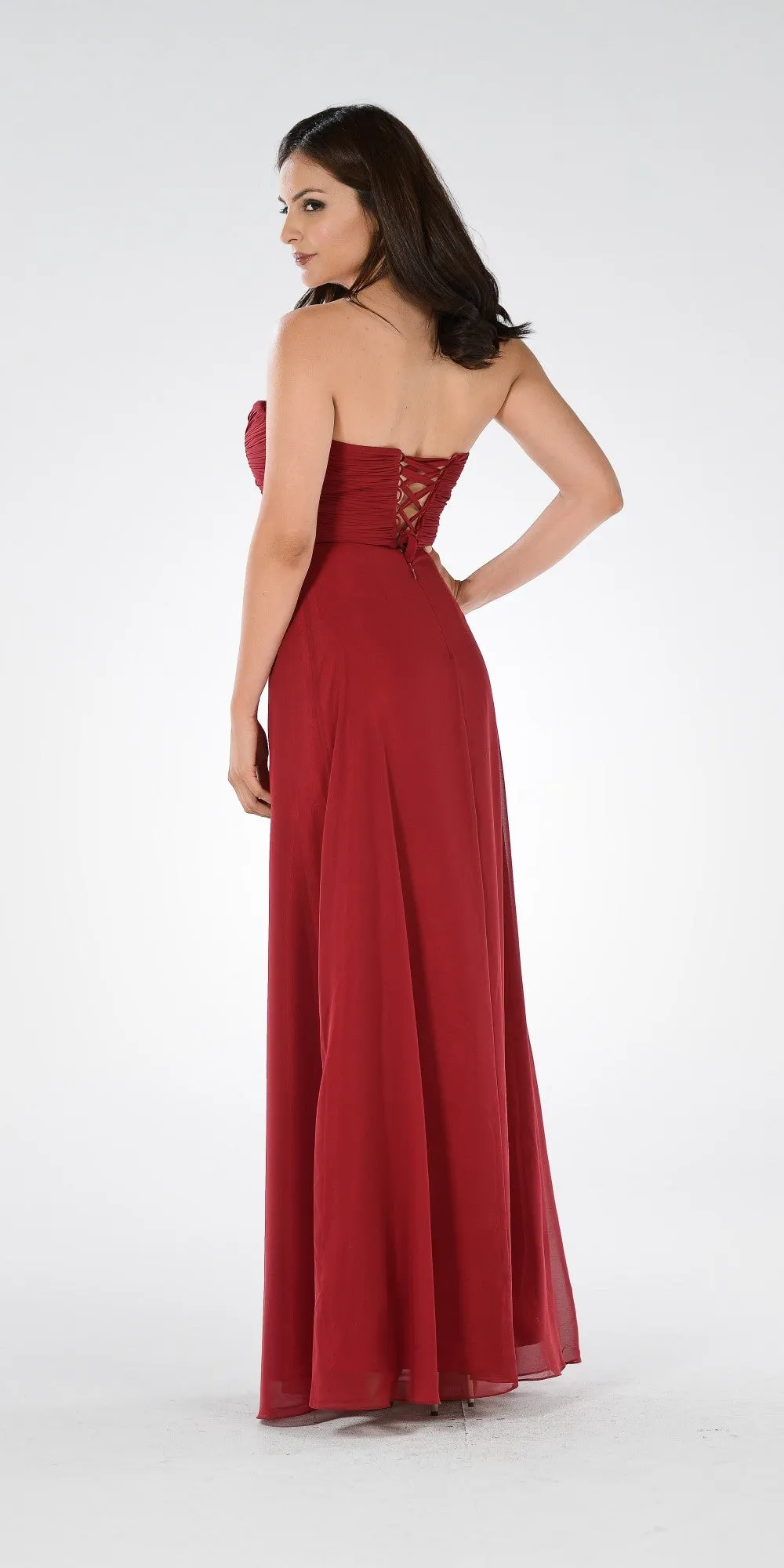 Poly USA 7880 Sweetheart Ruched Bodice Lace Up Back Long Dress