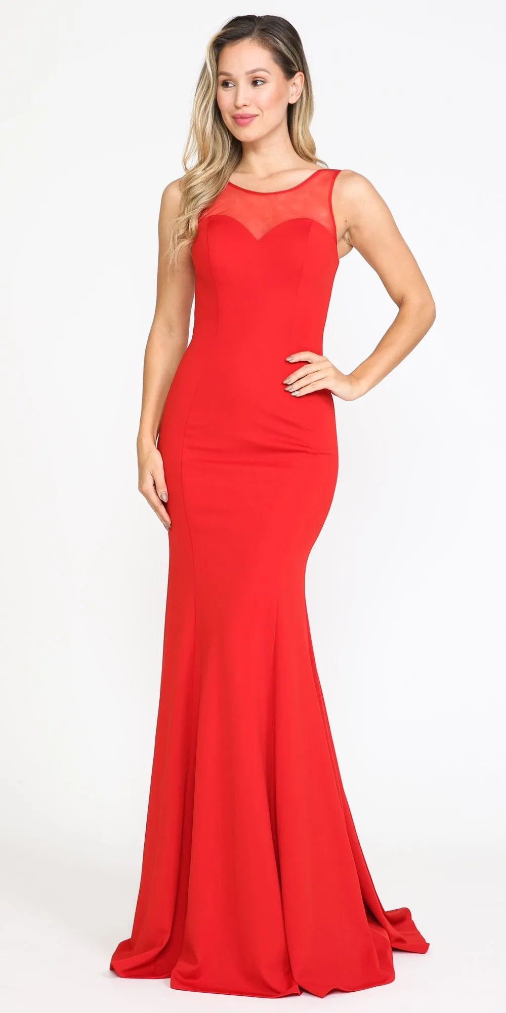Poly USA 8148 Illusion Round Neckline Sleeveless Long Dress
