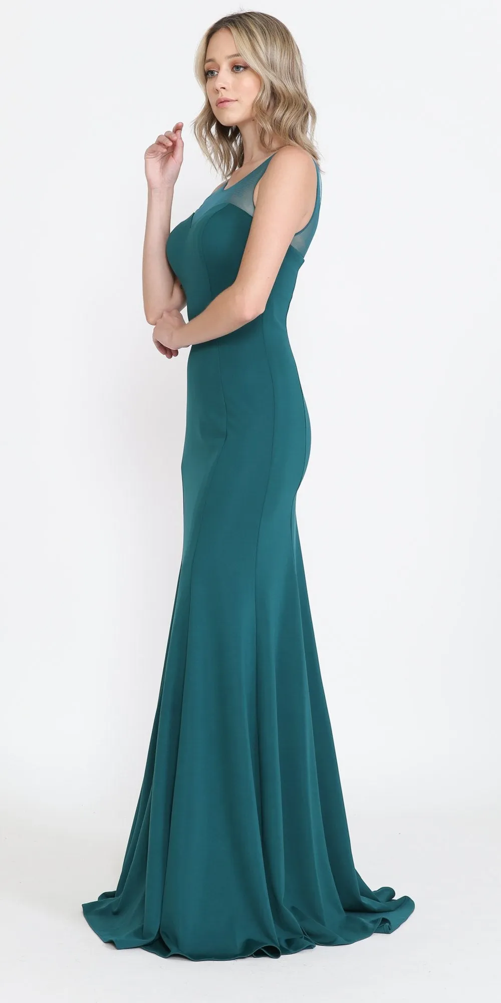 Poly USA 8148 Illusion Round Neckline Sleeveless Long Dress