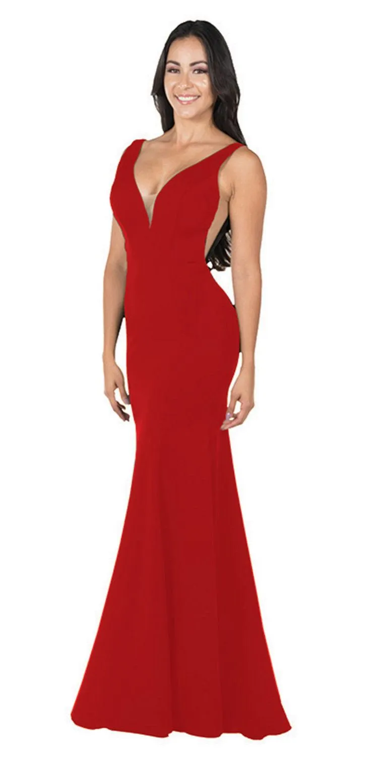 Poly USA 8158 Deep V-Neck and Back Mermaid Dress