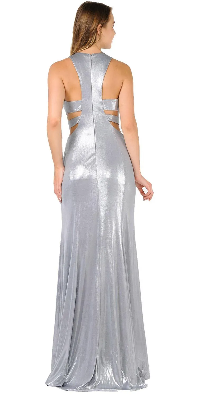 Poly USA 8270 Metallic Foil Sleeveless Long Dress Side Cut-Outs