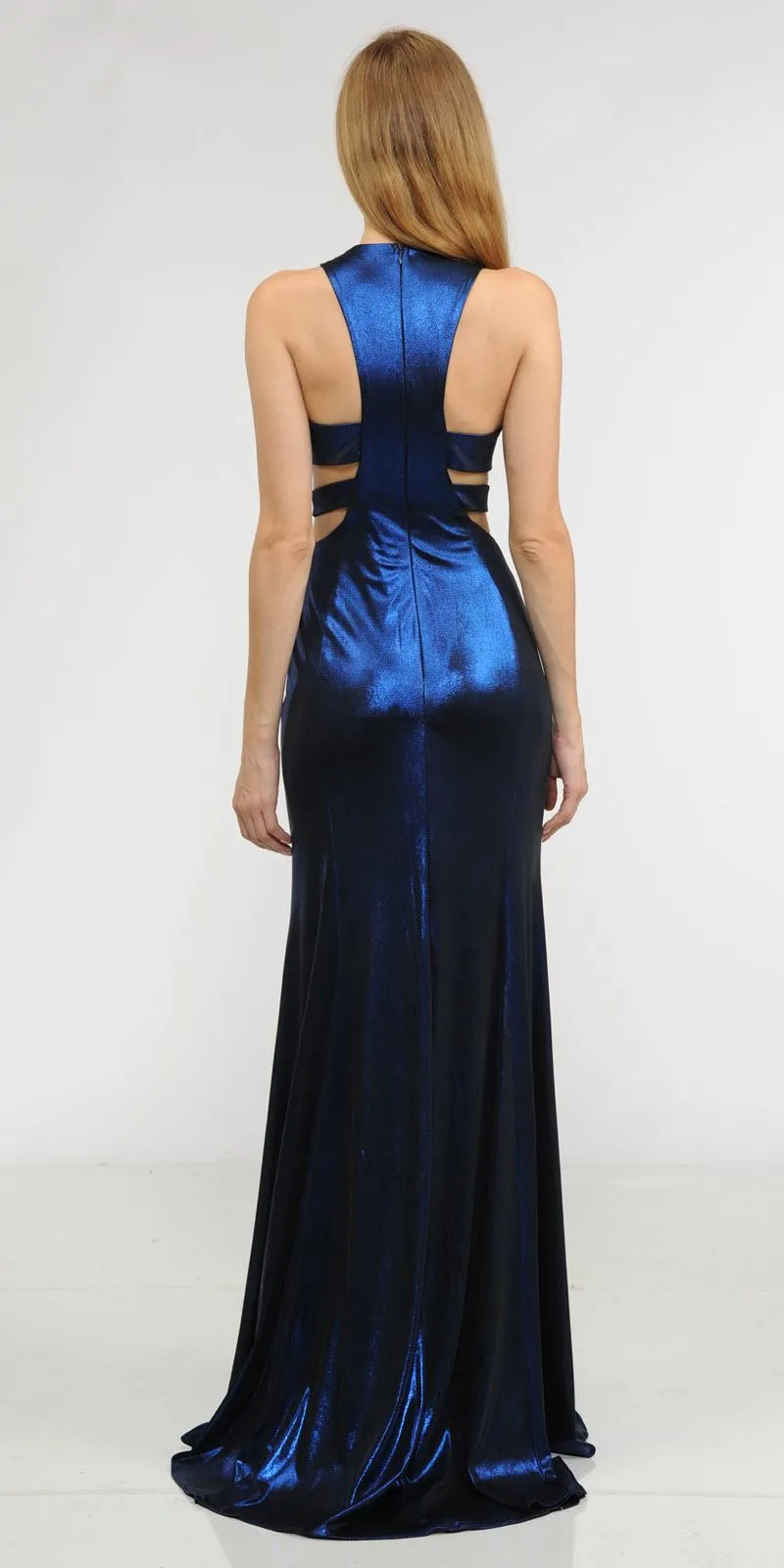 Poly USA 8270 Metallic Foil Sleeveless Long Dress Side Cut-Outs