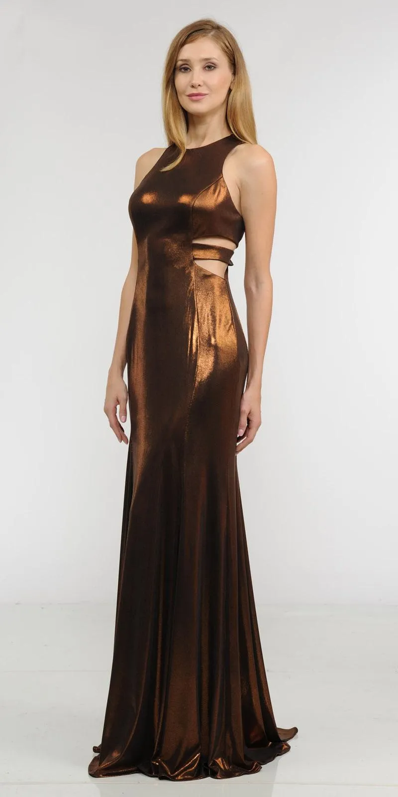 Poly USA 8270 Metallic Foil Sleeveless Long Dress Side Cut-Outs