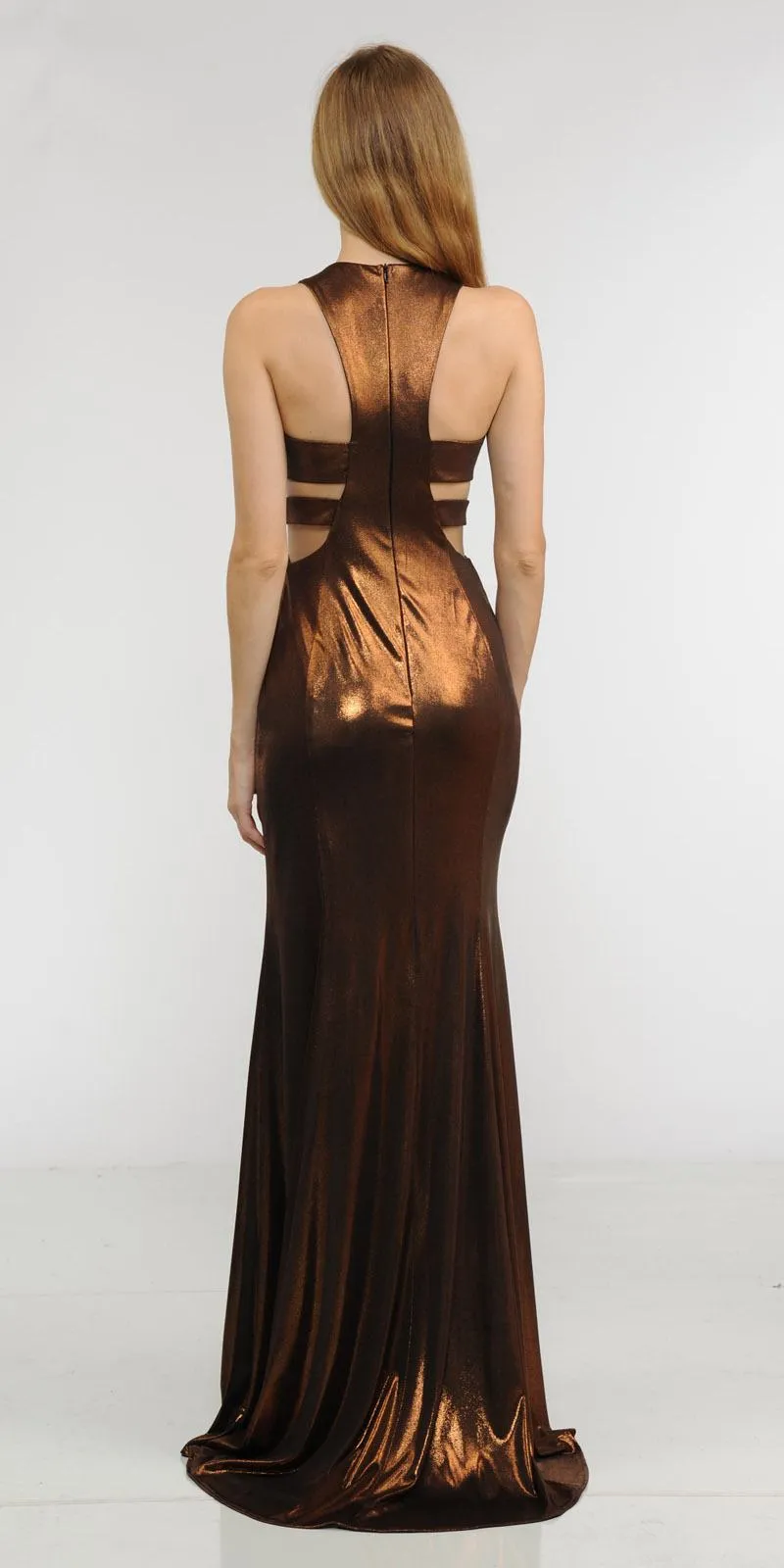 Poly USA 8270 Metallic Foil Sleeveless Long Dress Side Cut-Outs