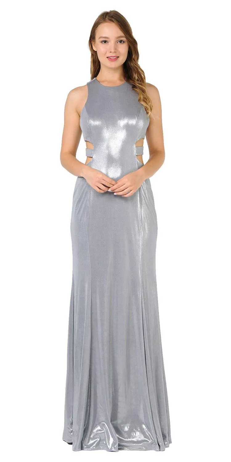 Poly USA 8270 Metallic Foil Sleeveless Long Dress Side Cut-Outs