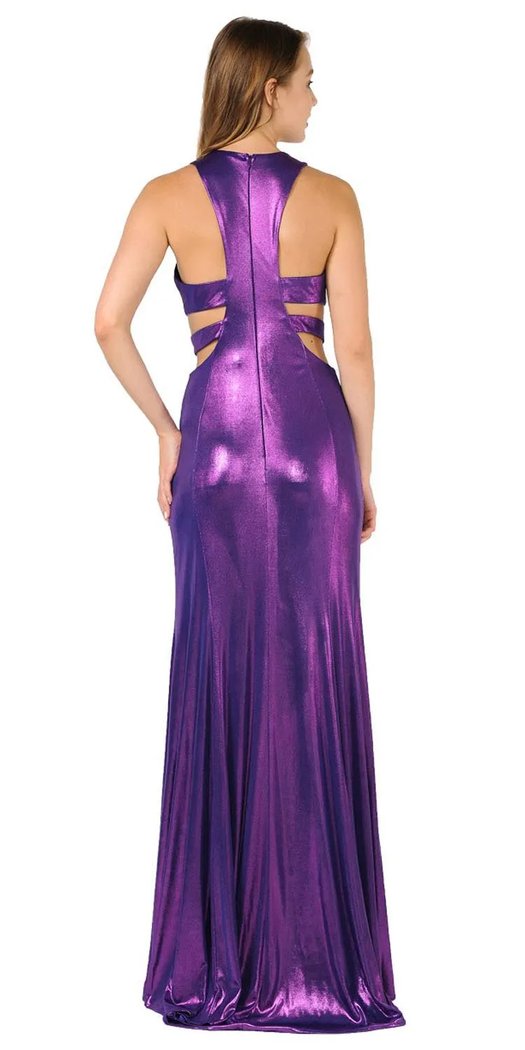 Poly USA 8270 Metallic Foil Sleeveless Long Dress Side Cut-Outs