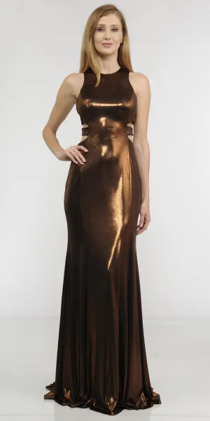 Poly USA 8270 Metallic Foil Sleeveless Long Dress Side Cut-Outs