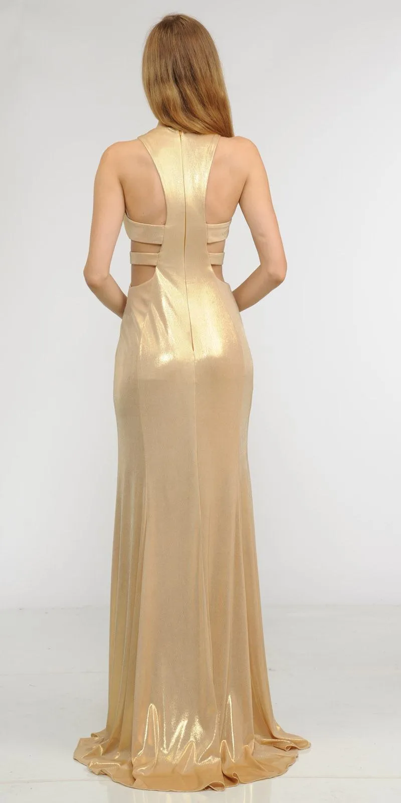 Poly USA 8270 Metallic Foil Sleeveless Long Dress Side Cut-Outs