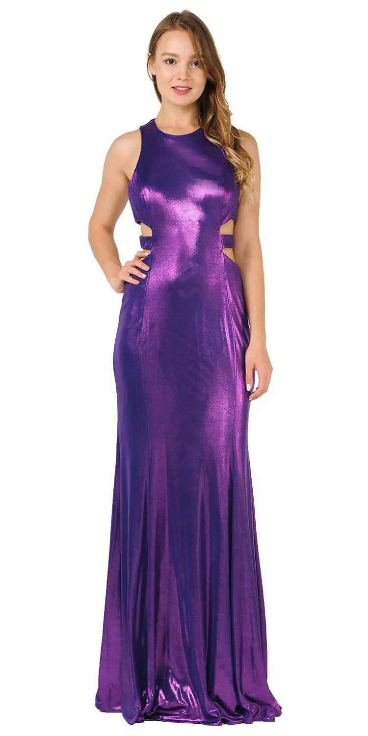 Poly USA 8270 Metallic Foil Sleeveless Long Dress Side Cut-Outs