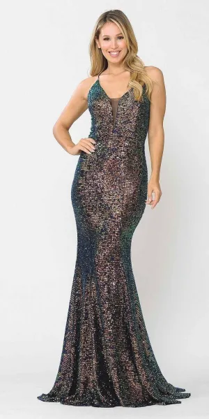 Poly USA 8650 Multi-Color Lace-Up Back Long Dress Spaghetti Strap