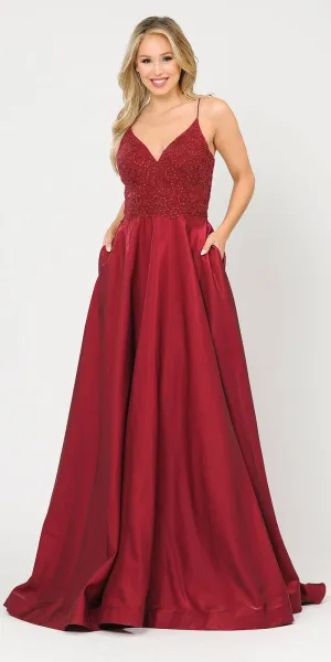 Poly USA 8670 Lace-Up Back Iridescent Shimmer Satin Long Dress