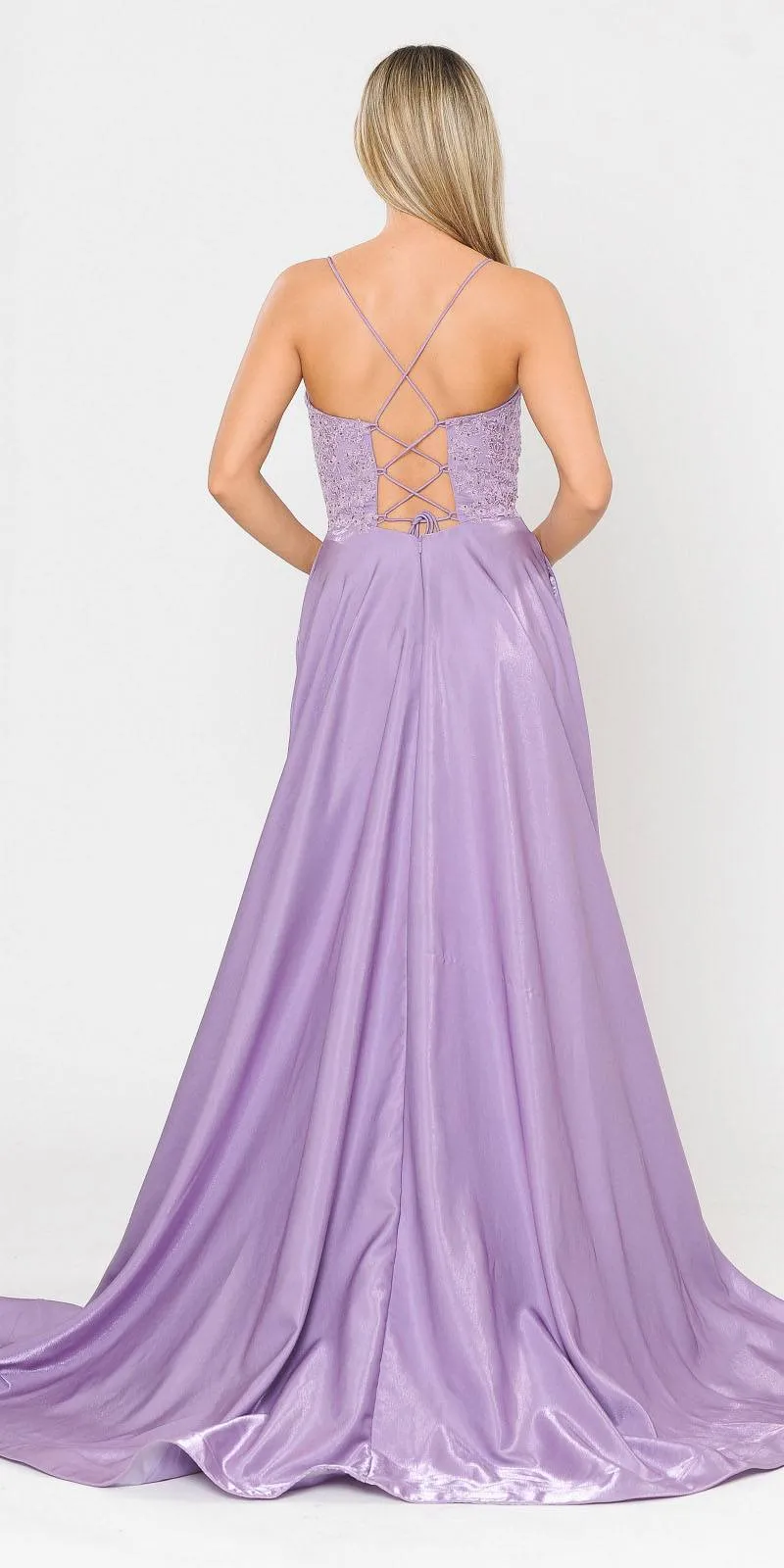 Poly USA 8670 Lace-Up Back Iridescent Shimmer Satin Long Dress
