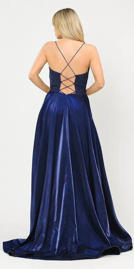 Poly USA 8670 Lace-Up Back Iridescent Shimmer Satin Long Dress