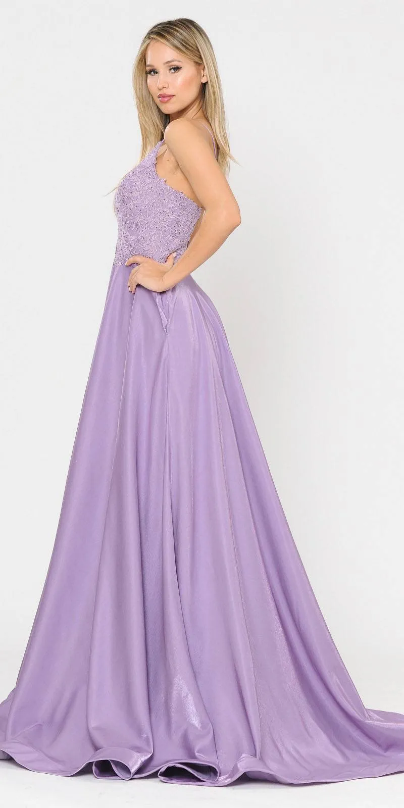 Poly USA 8670 Lace-Up Back Iridescent Shimmer Satin Long Dress