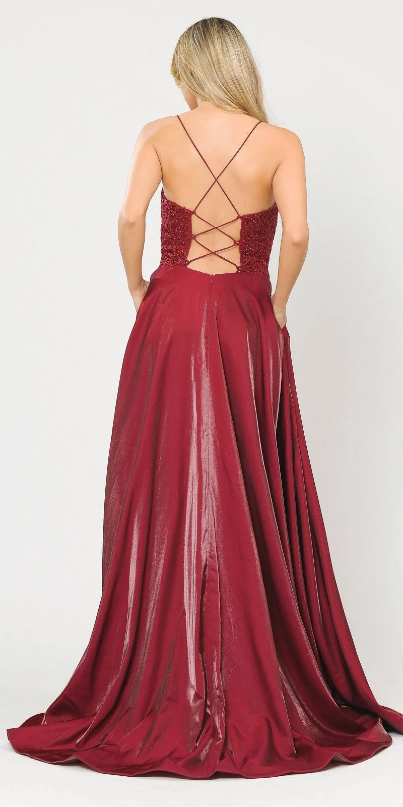 Poly USA 8670 Lace-Up Back Iridescent Shimmer Satin Long Dress