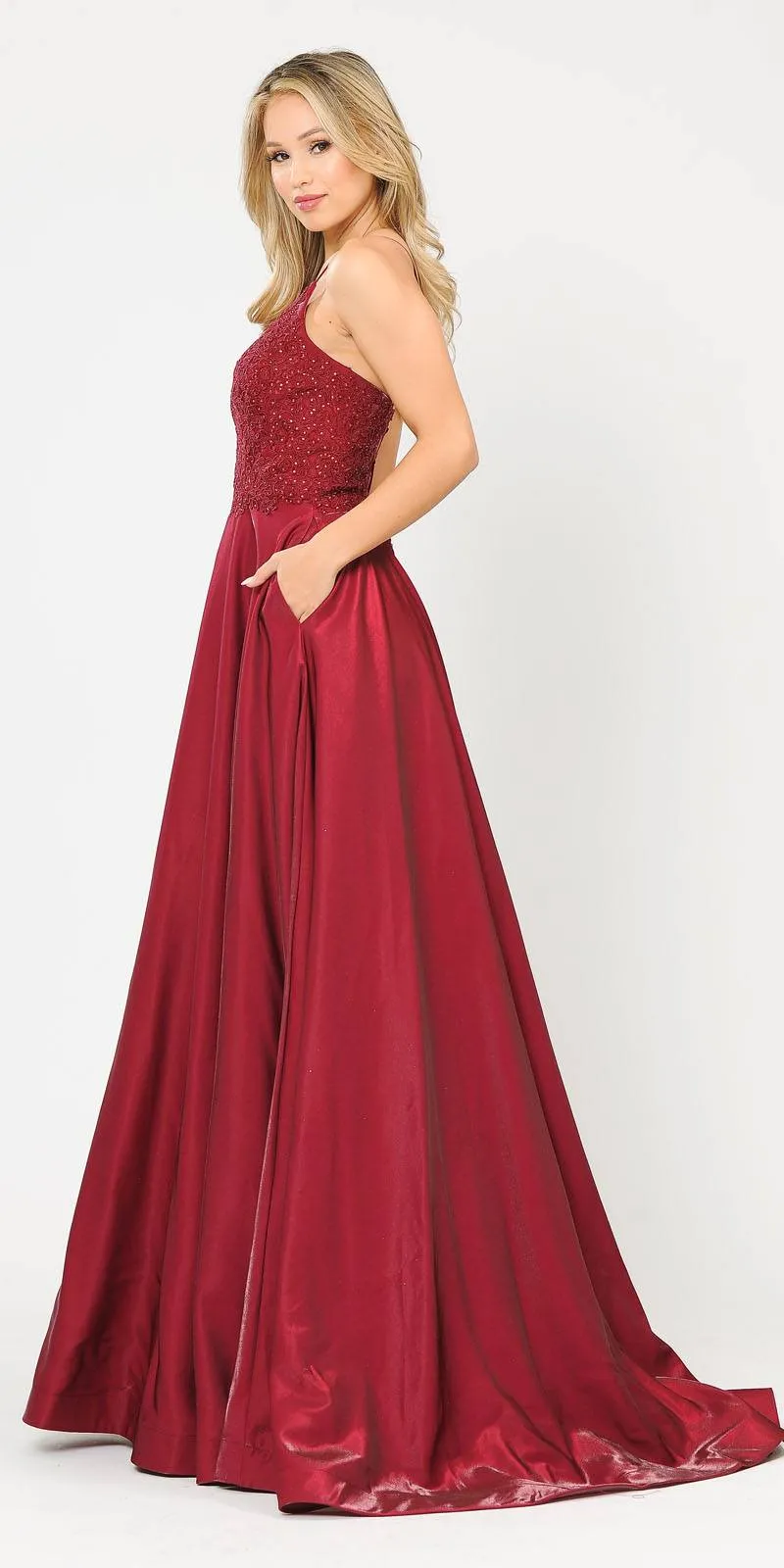 Poly USA 8670 Lace-Up Back Iridescent Shimmer Satin Long Dress