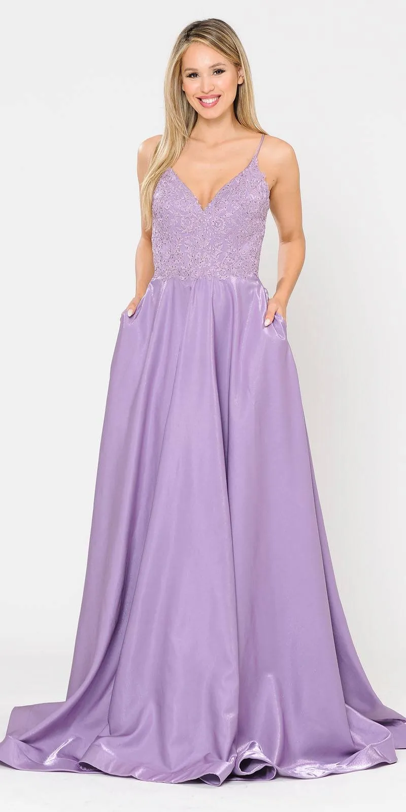 Poly USA 8670 Lace-Up Back Iridescent Shimmer Satin Long Dress