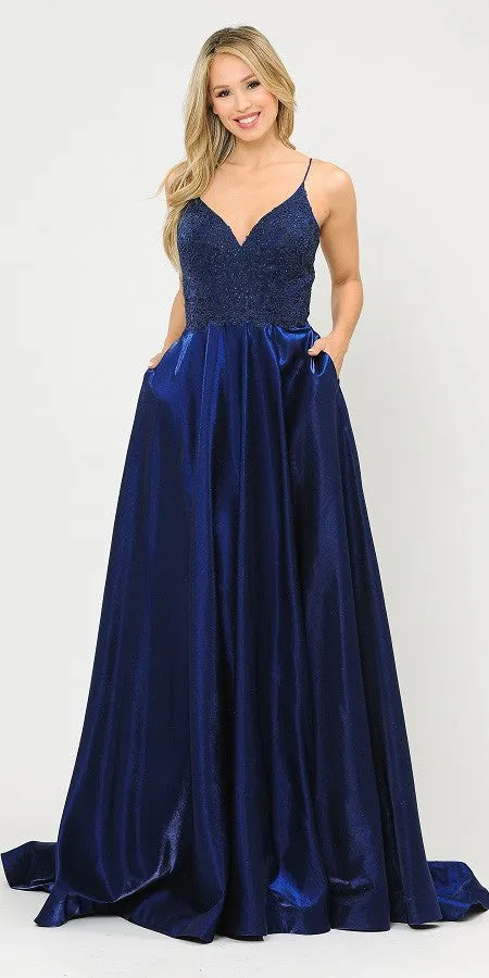 Poly USA 8670 Lace-Up Back Iridescent Shimmer Satin Long Dress