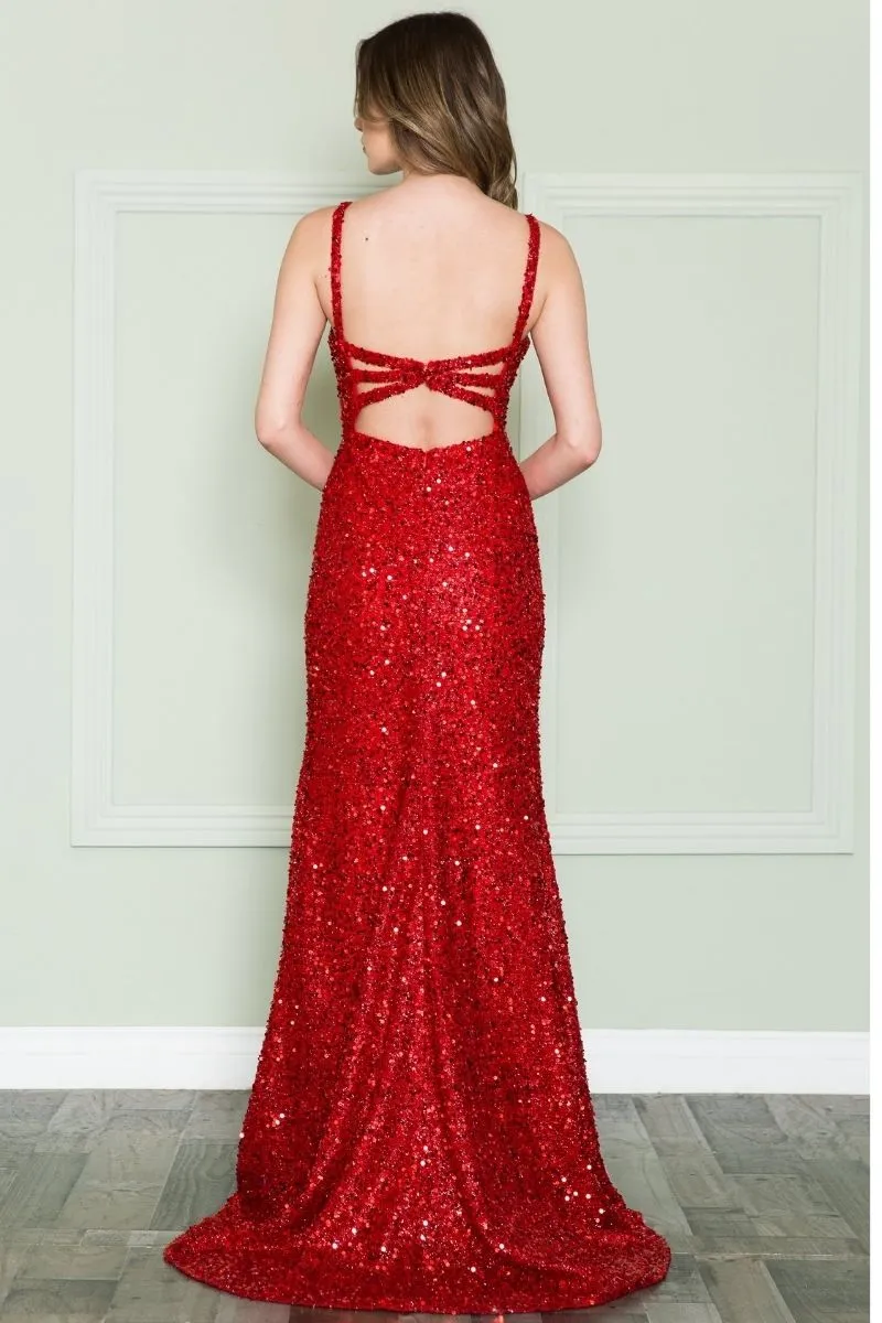 Poly USA 8872 V-Neck Floor Length Open Slit Sequin Dress