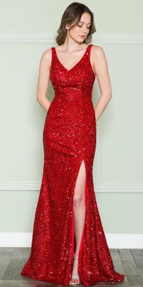 Poly USA 8872 V-Neck Floor Length Open Slit Sequin Dress