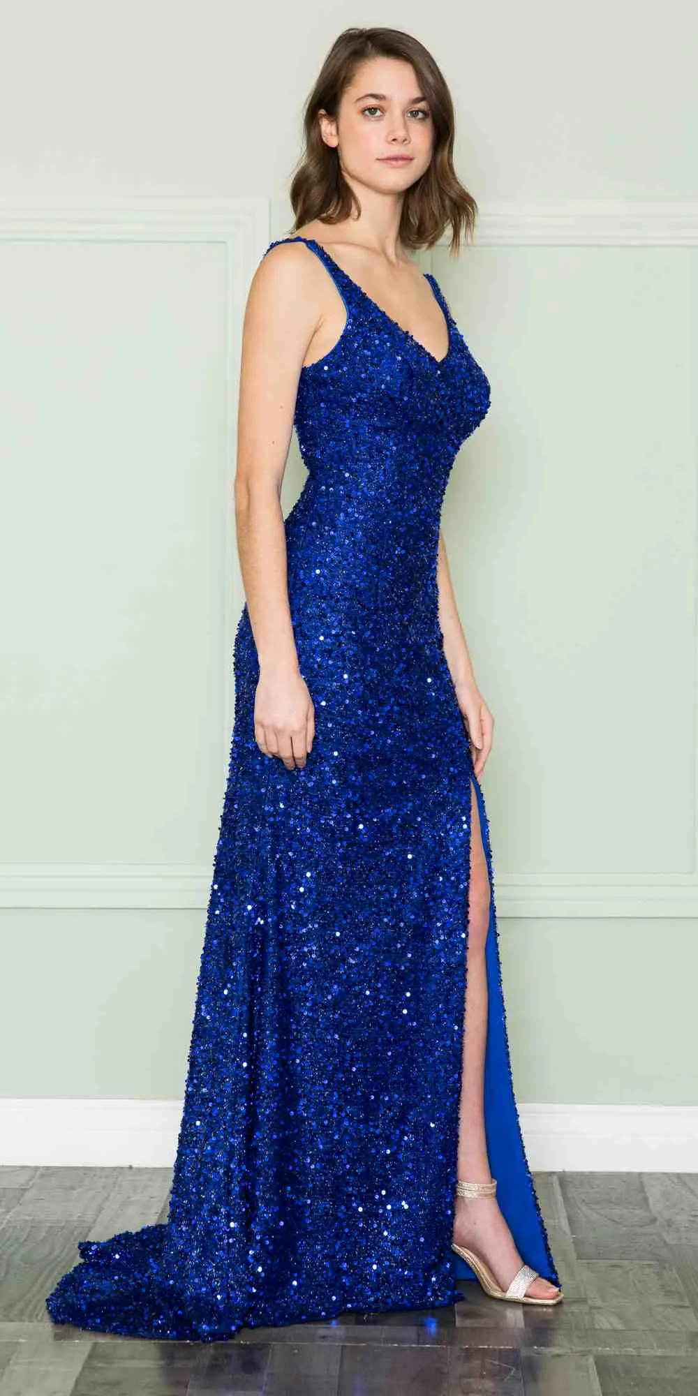Poly USA 8872 V-Neck Floor Length Open Slit Sequin Dress