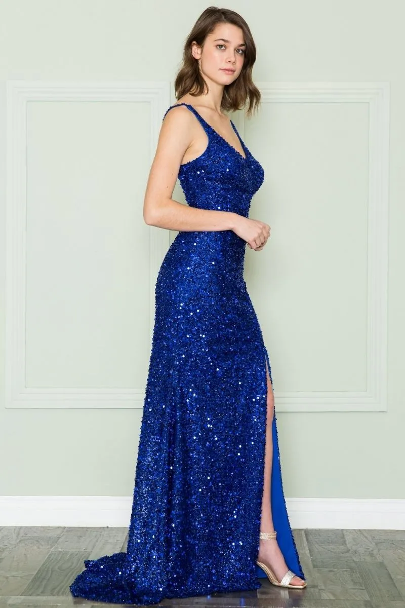Poly USA 8872 V-Neck Floor Length Open Slit Sequin Dress