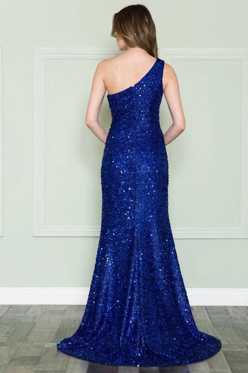 Poly USA 8874 One Shoulder Floor Length Sequins Bodice Stretch Dress