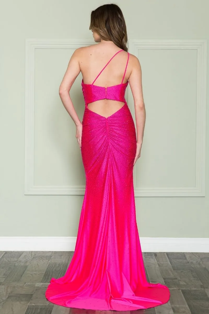 Poly USA 8914 One Shoulder Open Slit Rhinestones Bodice Floor Length Dress