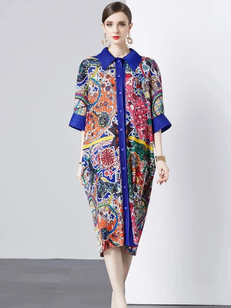 Print Draped Miyake Pleated Dress