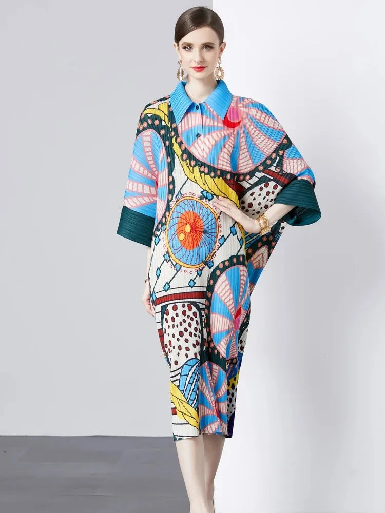 Print Draped Miyake Pleated Dress