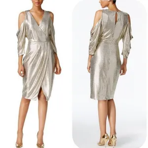 ☆RACHEL Rachel Roy Gold Metallic Off The Shoulder Draped Sleeve Wrap Midi Dress☆