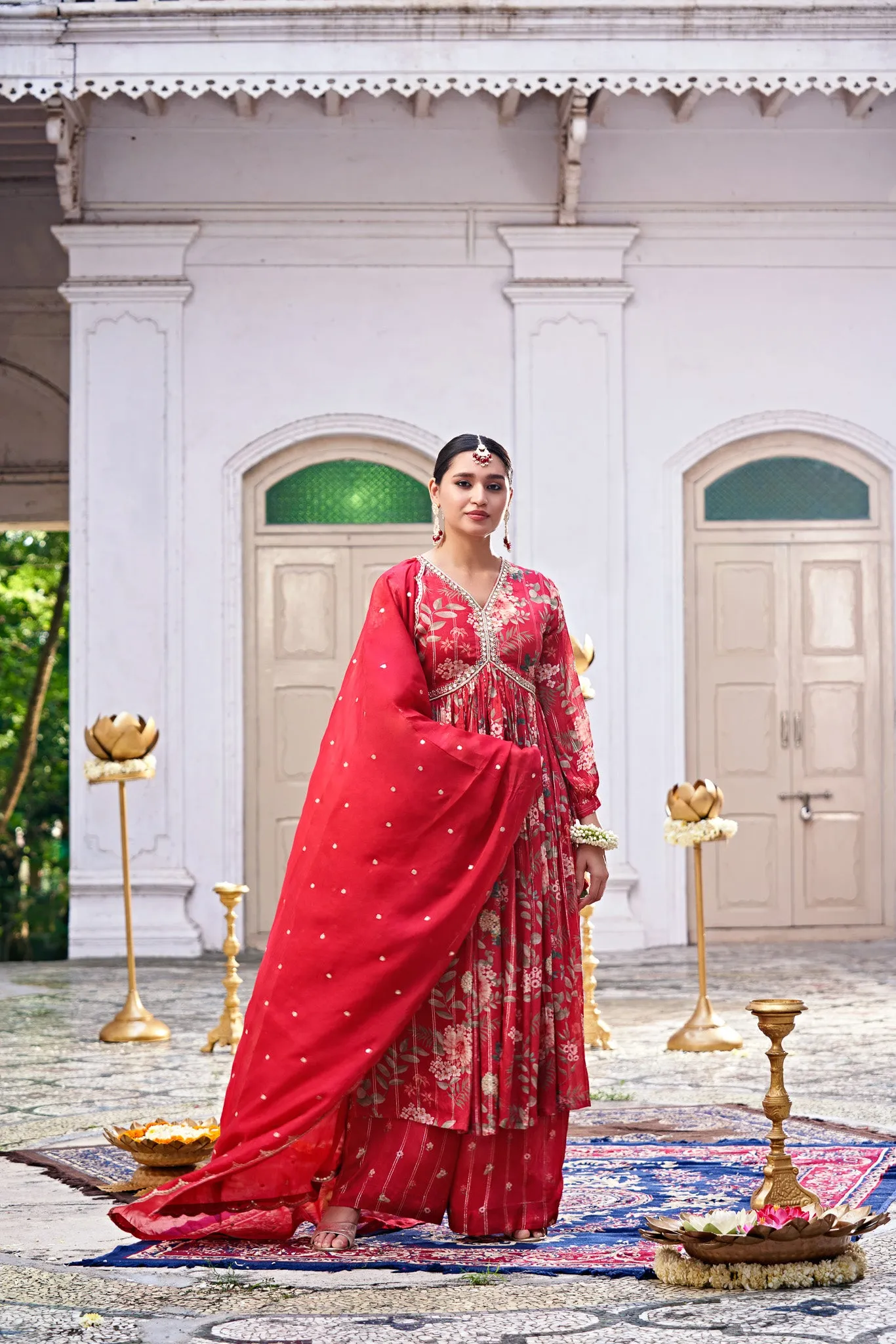 Red Chinon Chiffon Lurex Suit Set with Mirror Work