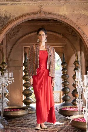 Red Draped Dress With Printed Cape Jacket