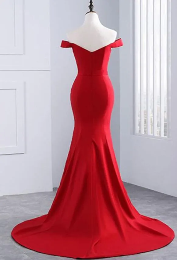 Red Off The Shoulder Sweetheart Mermaid Long Prom Dress With Sweep Train, Red Evening Dress