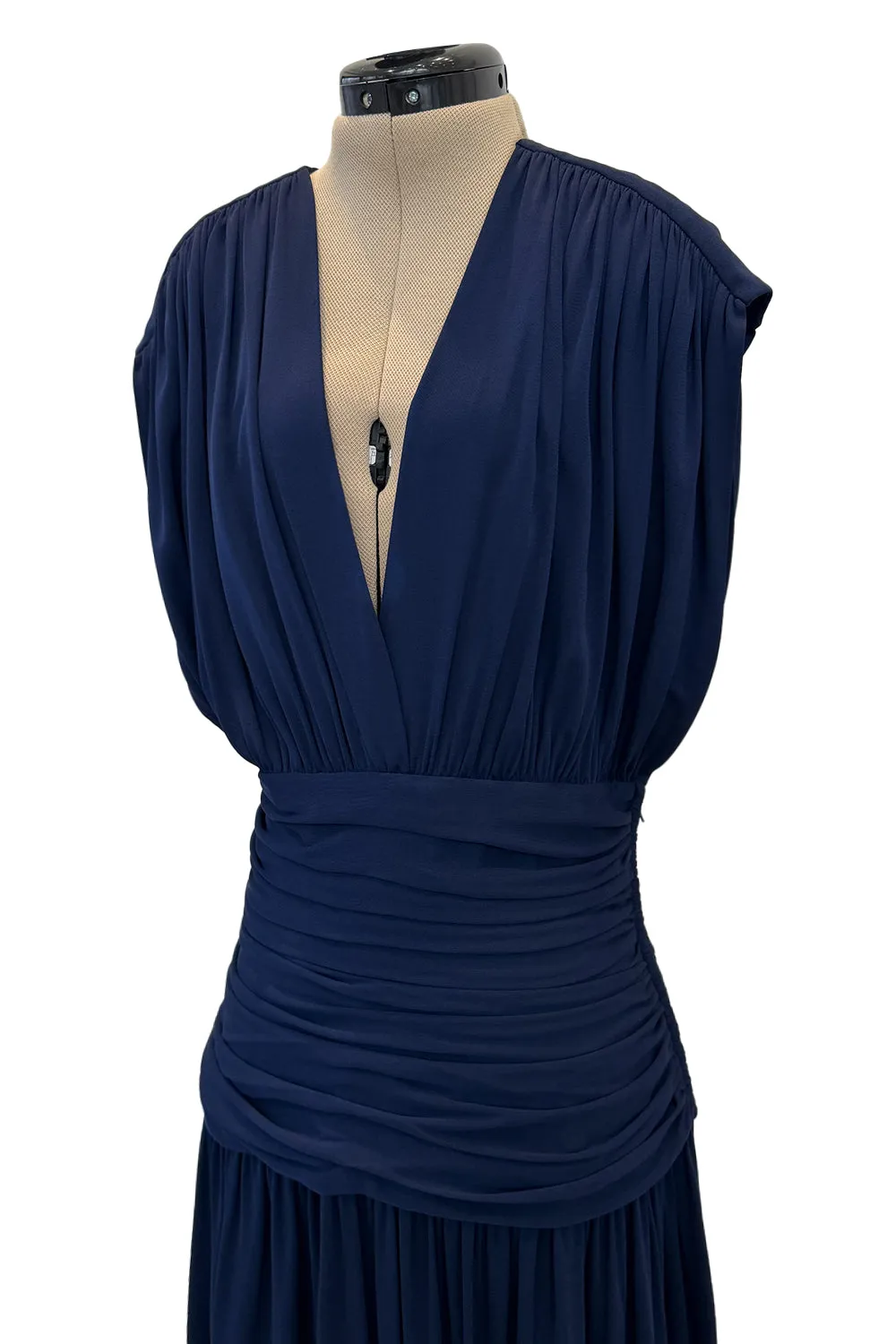 Resort 1986 Yves Saint Laurent Deep Plunge Front Blue Draped Silk Jersey Dress