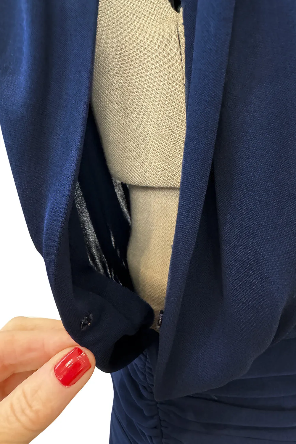 Resort 1986 Yves Saint Laurent Deep Plunge Front Blue Draped Silk Jersey Dress