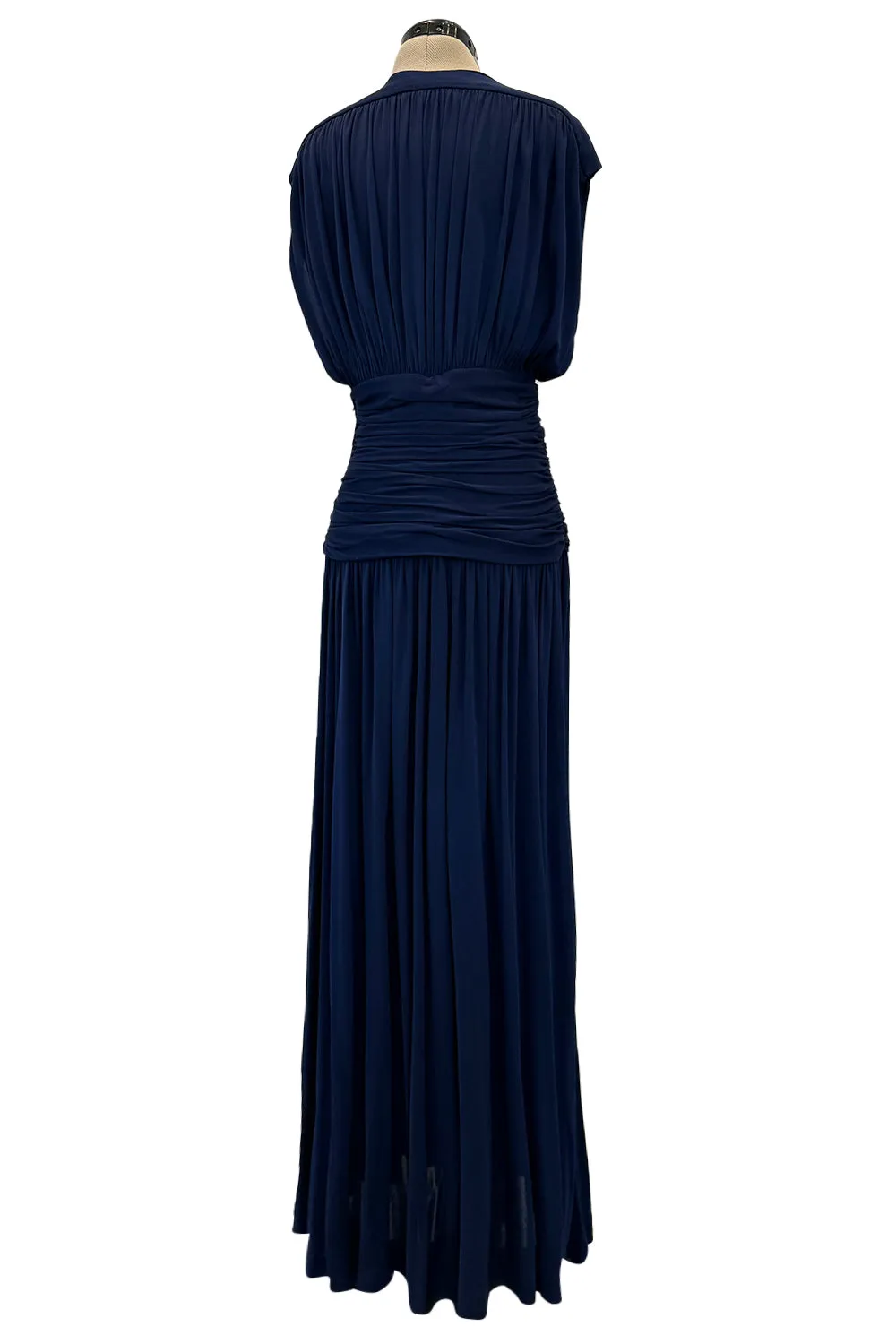Resort 1986 Yves Saint Laurent Deep Plunge Front Blue Draped Silk Jersey Dress