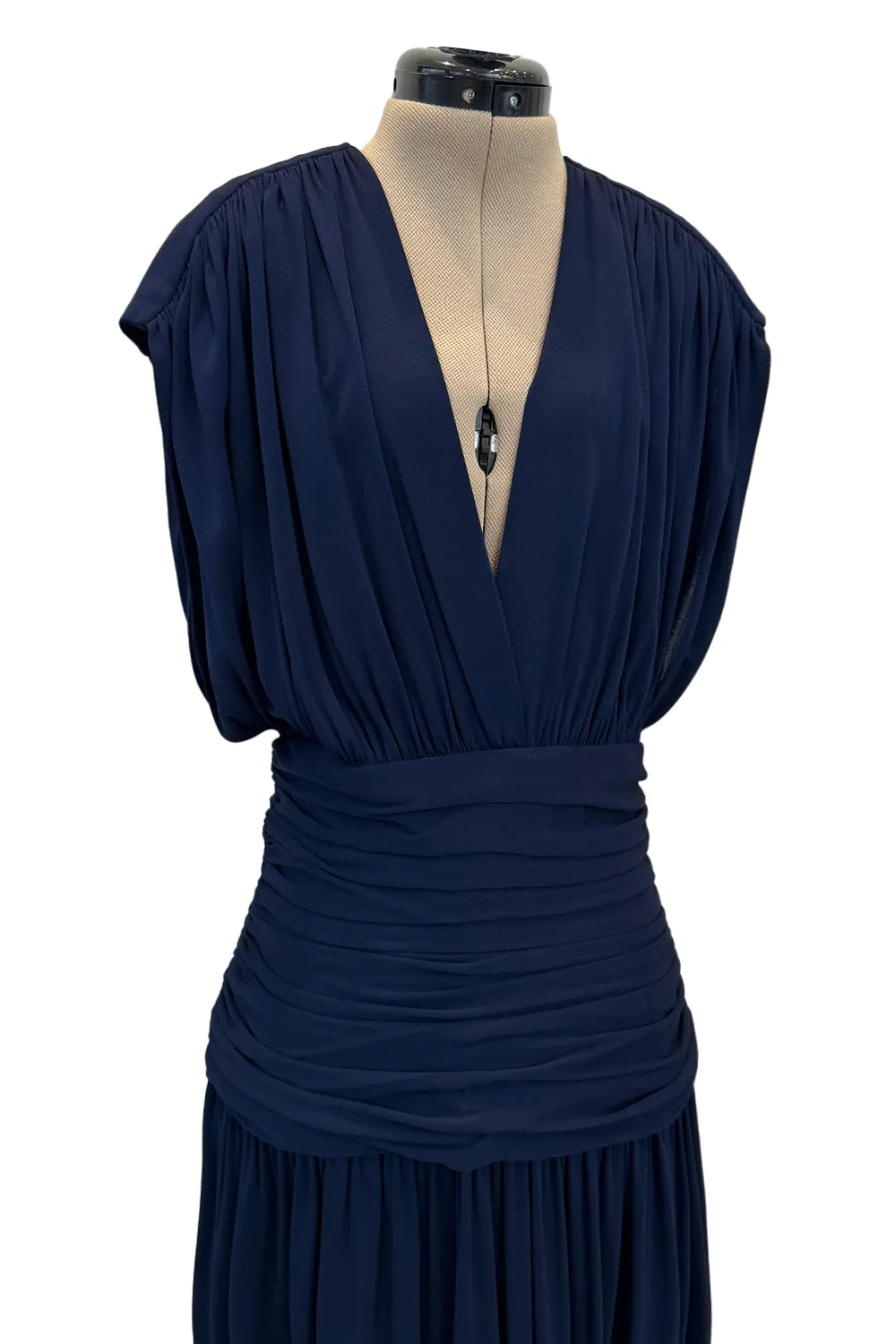 Resort 1986 Yves Saint Laurent Deep Plunge Front Blue Draped Silk Jersey Dress