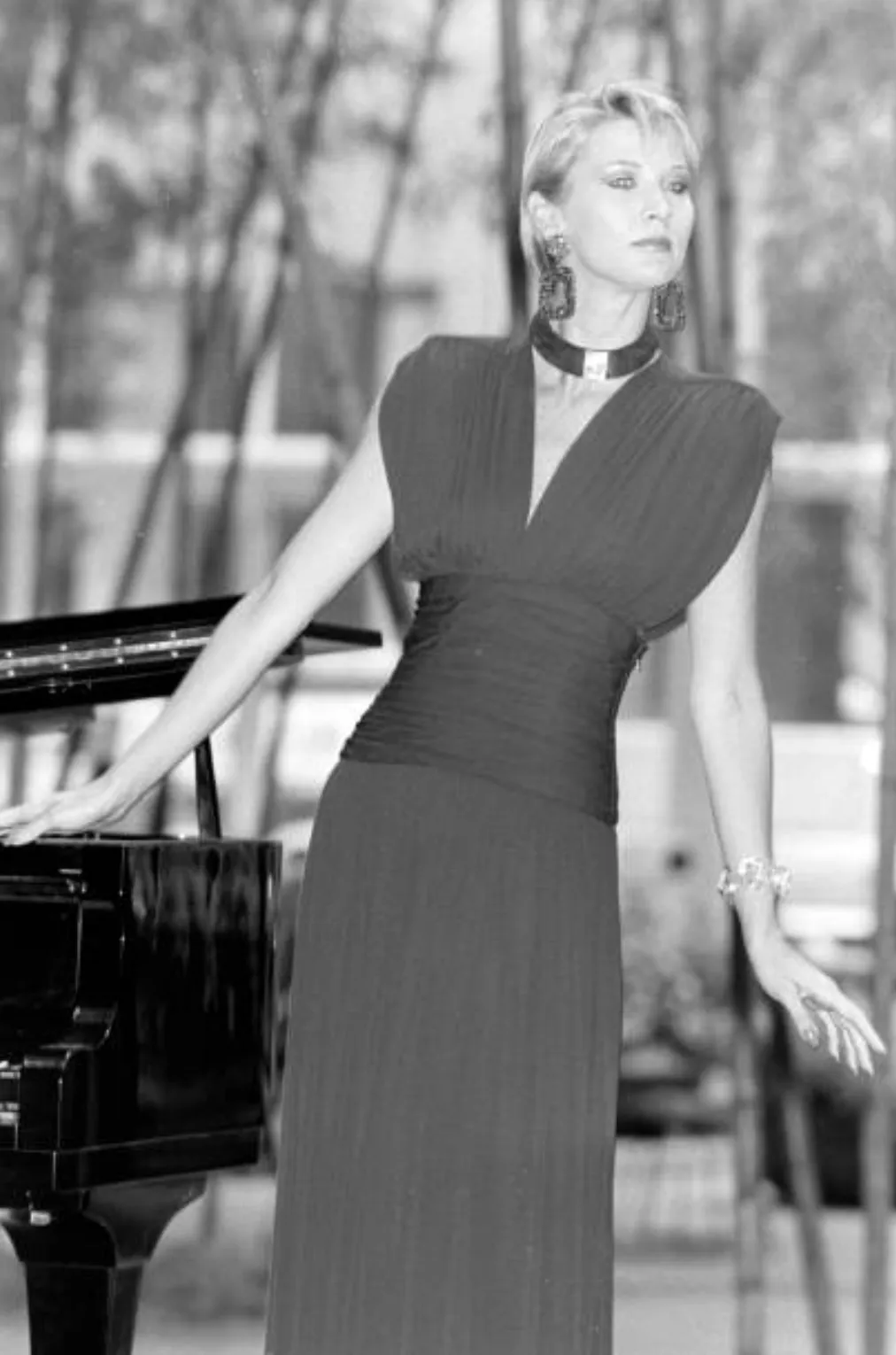 Resort 1986 Yves Saint Laurent Deep Plunge Front Blue Draped Silk Jersey Dress