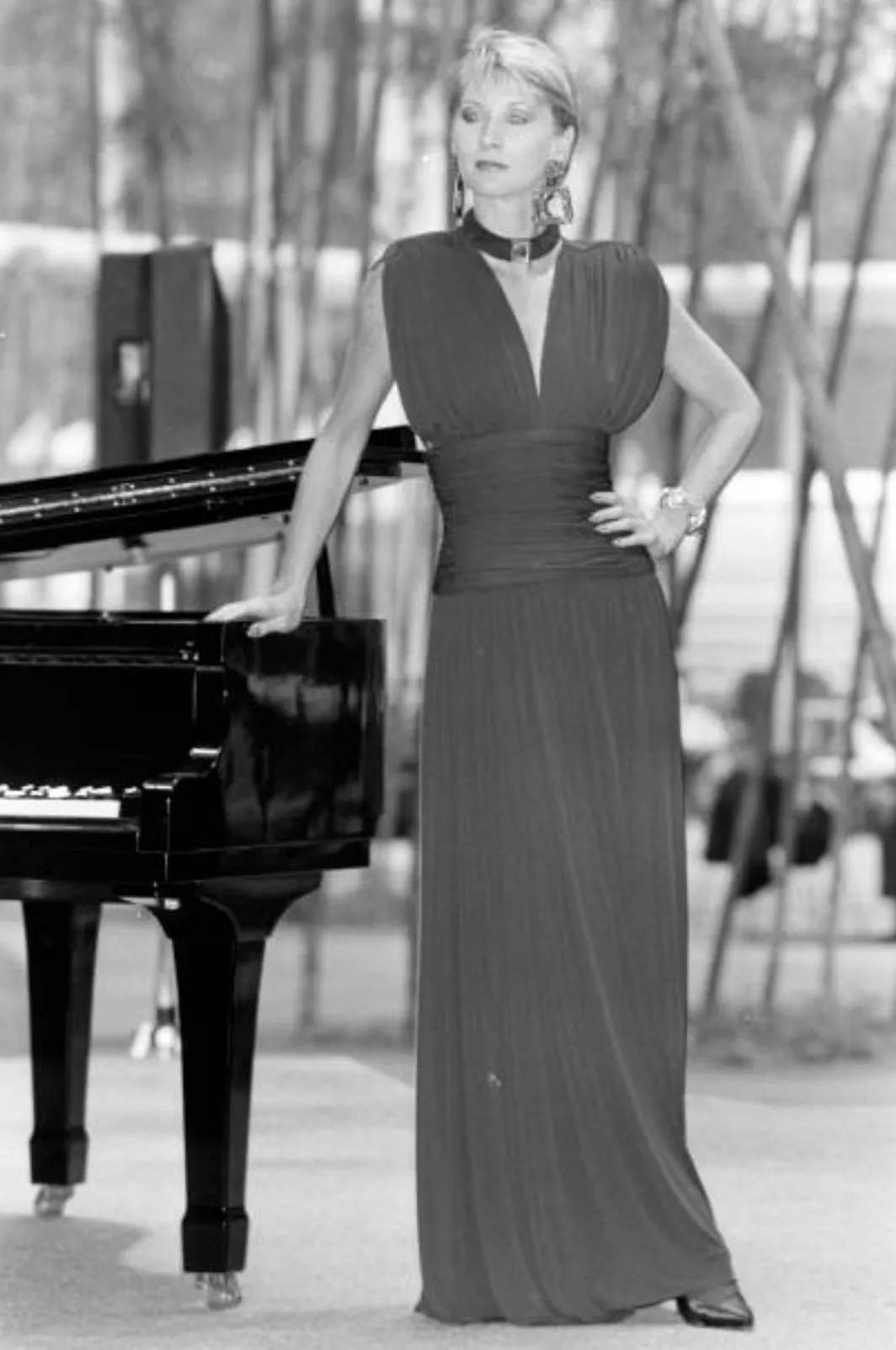 Resort 1986 Yves Saint Laurent Deep Plunge Front Blue Draped Silk Jersey Dress
