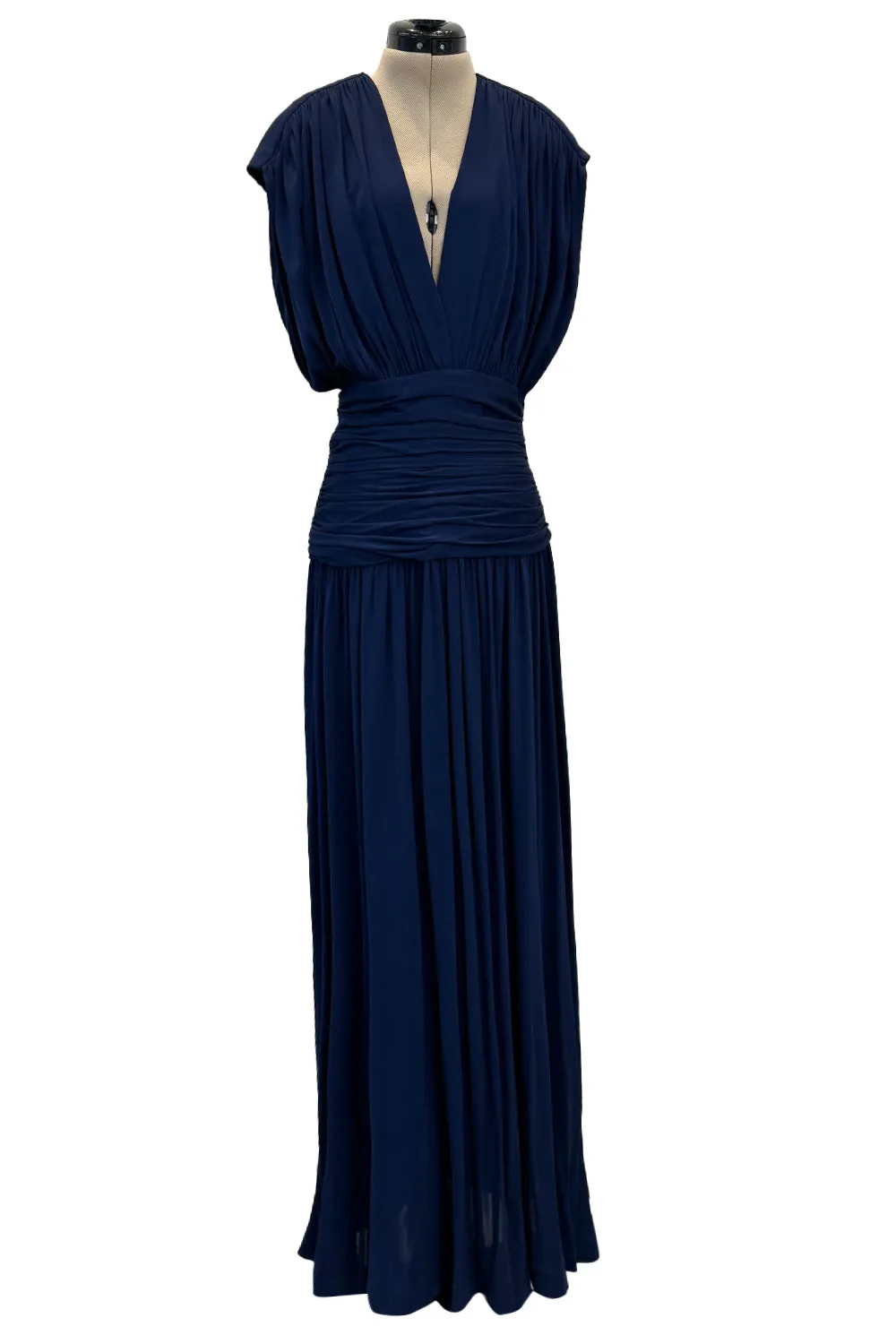 Resort 1986 Yves Saint Laurent Deep Plunge Front Blue Draped Silk Jersey Dress
